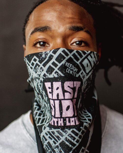 Hand printed custom bandana for Jabee's East Side collection.